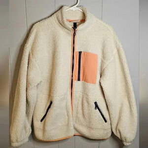 Universal Thread Sherpa Jacket Colorblock Cream Orange Navy, Medium